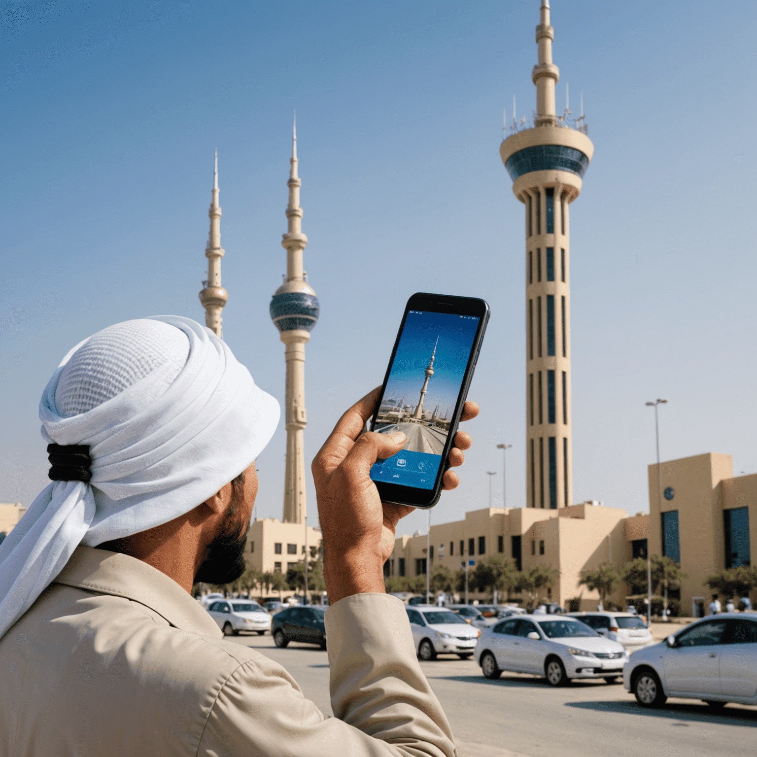 صورة توضيحية لشخص يستخدم هاتفه المحمول للتصفح بسرعة عالية في مكان عام في البحرين، مع ظهور برج اتصالات في الخلفية