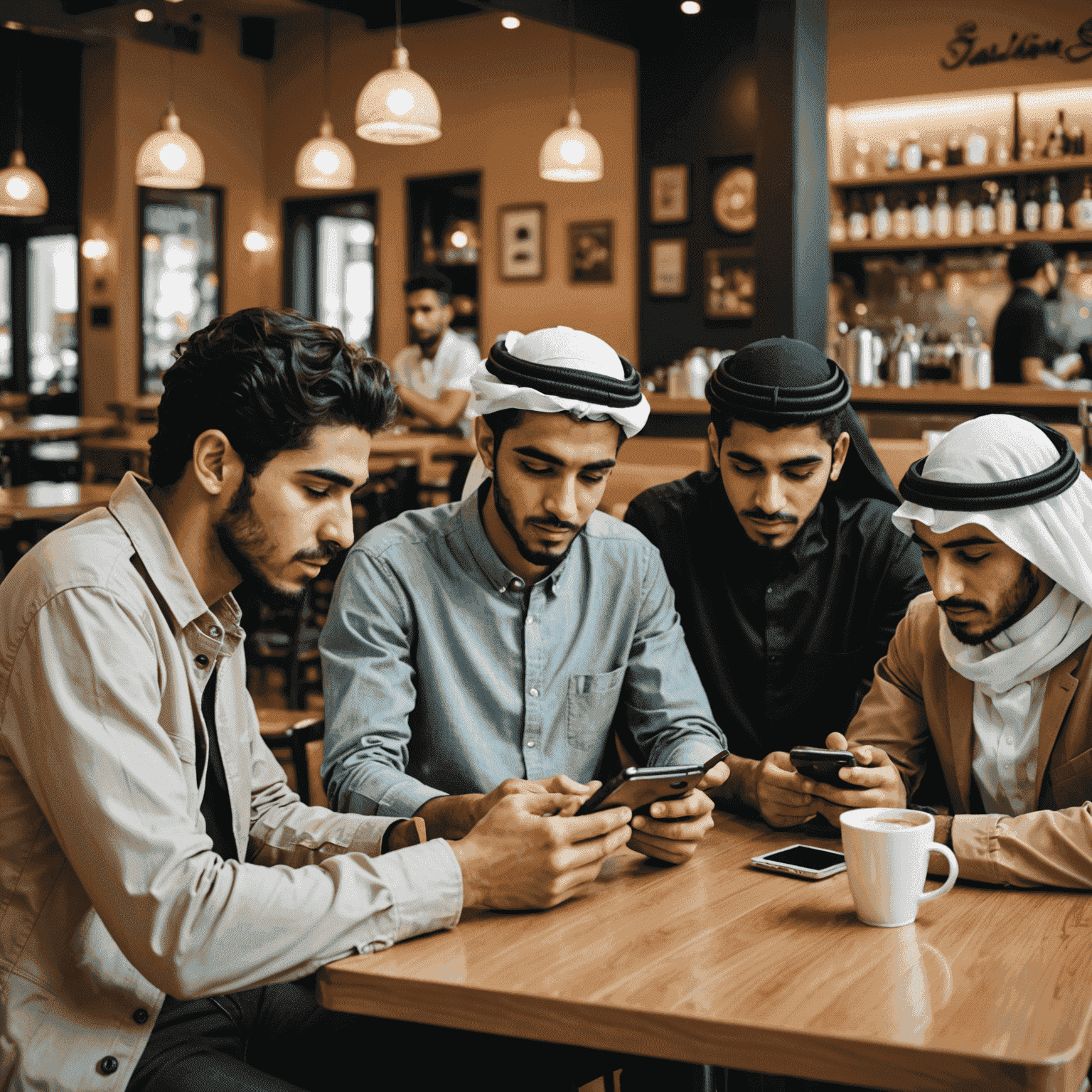 مجموعة من الشباب البحريني يستخدمون هواتفهم الذكية في مقهى