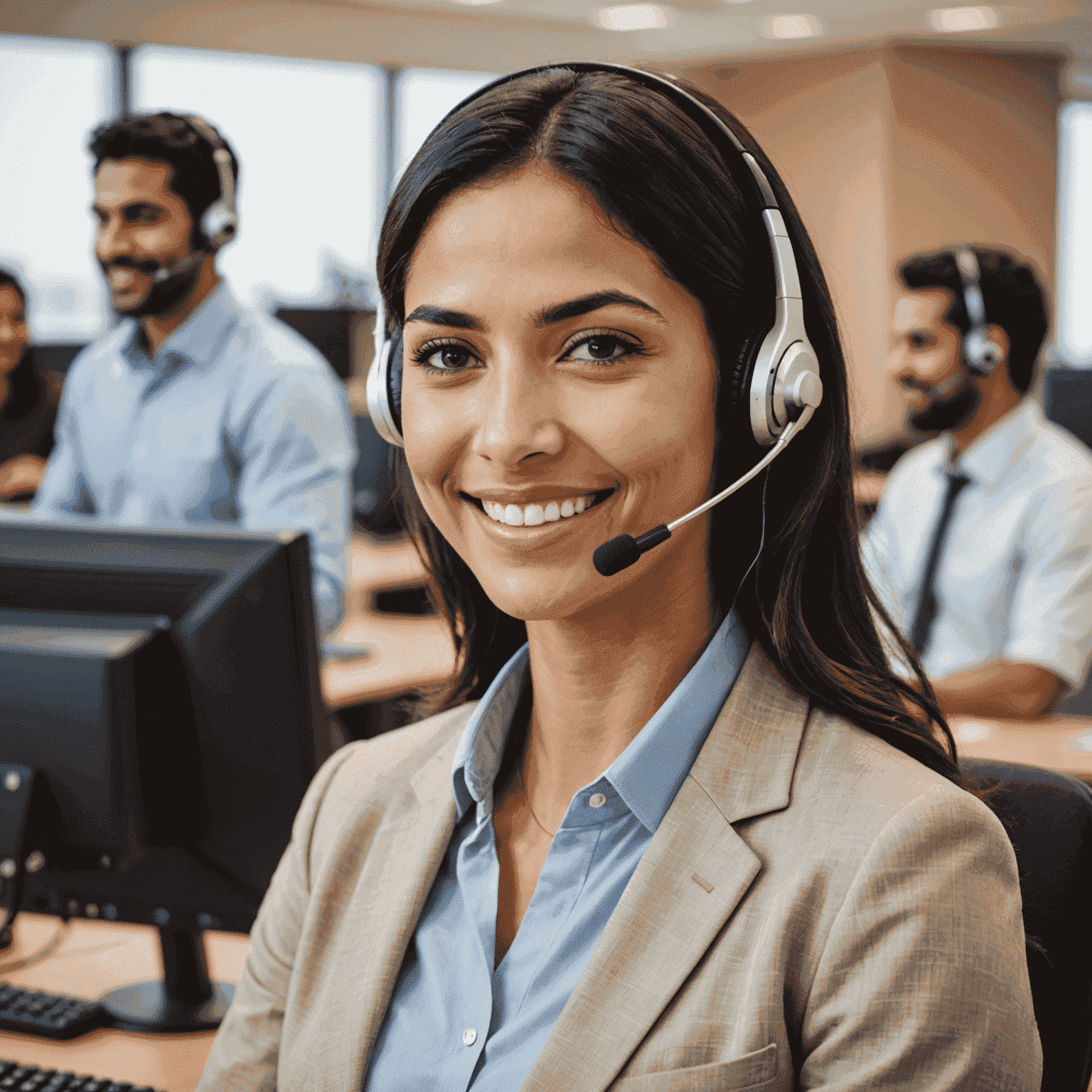 موظف خدمة عملاء يبتسم ويرتدي سماعة رأس في مركز اتصال بحريني